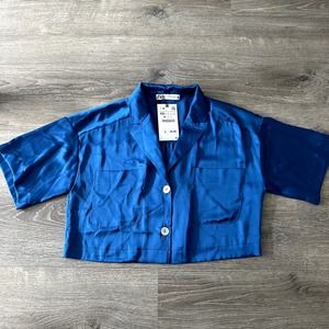 *NWT* Zara Royal Blue Crop Button Up Blouse Size XS